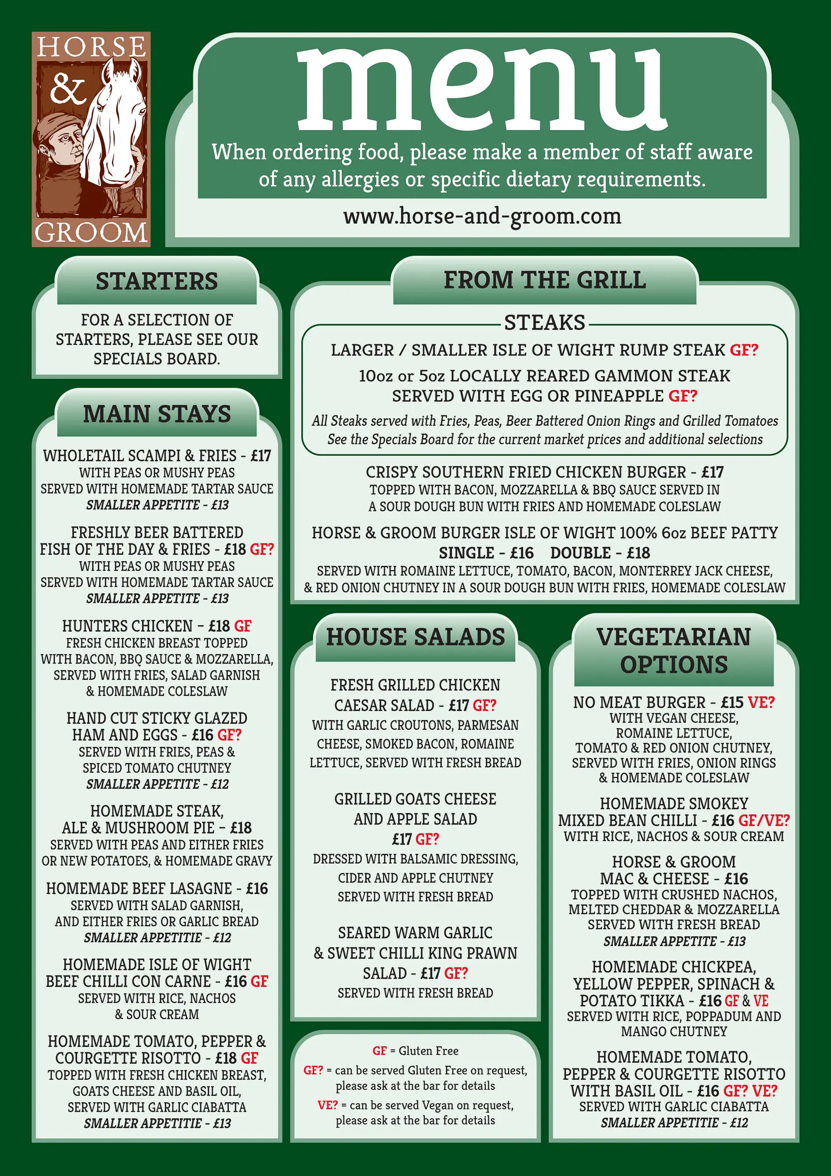 a copy of the menu from the horse amd groom