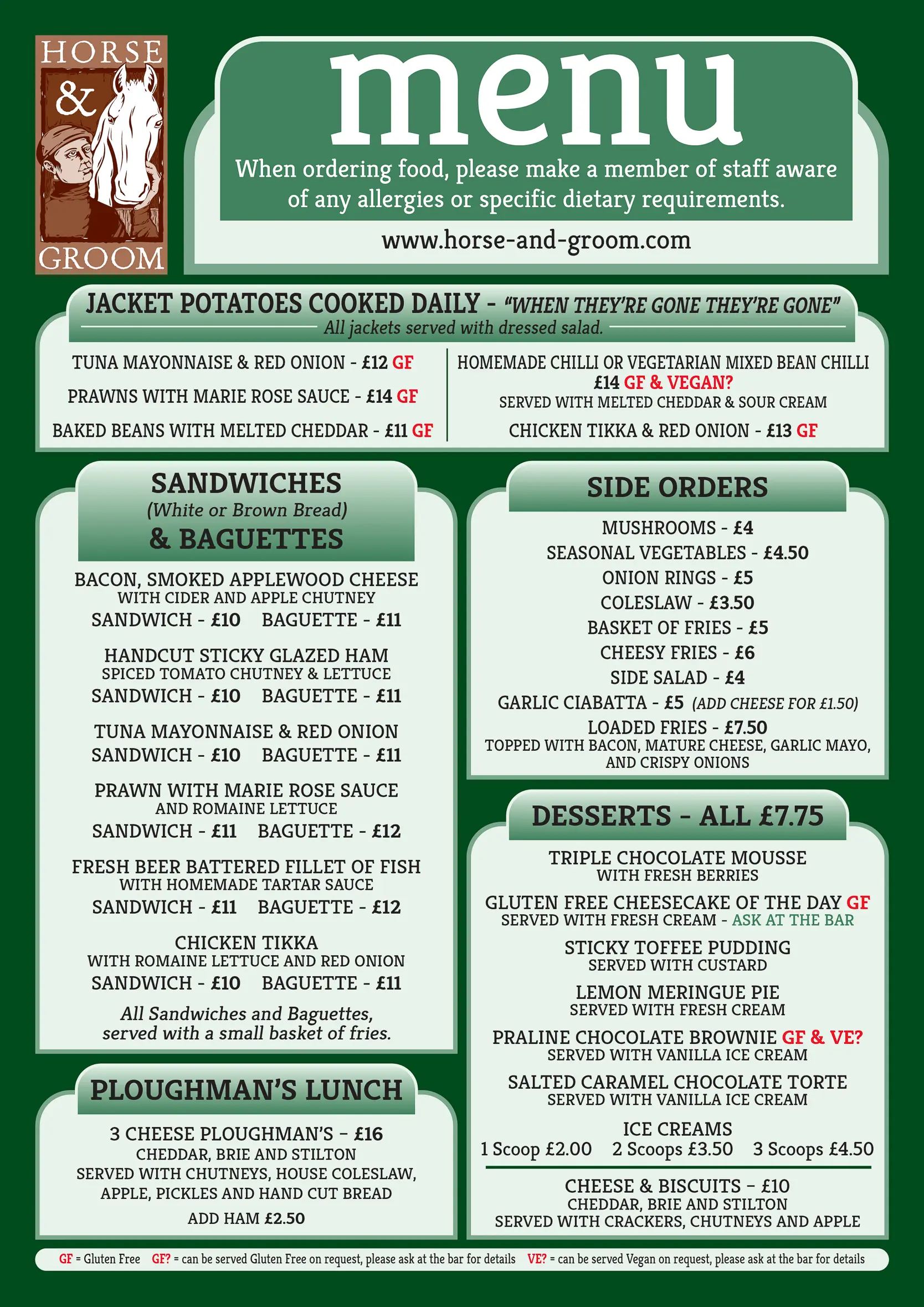 a copy of another menu from the horse and groom