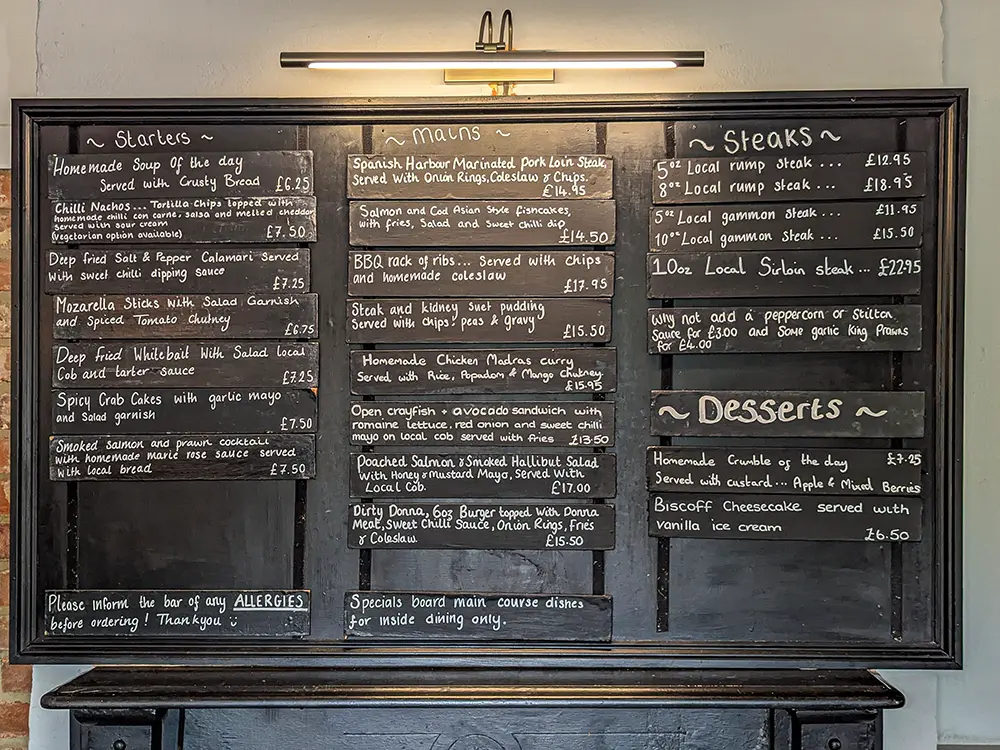specials board at the horse and groom may 2025
